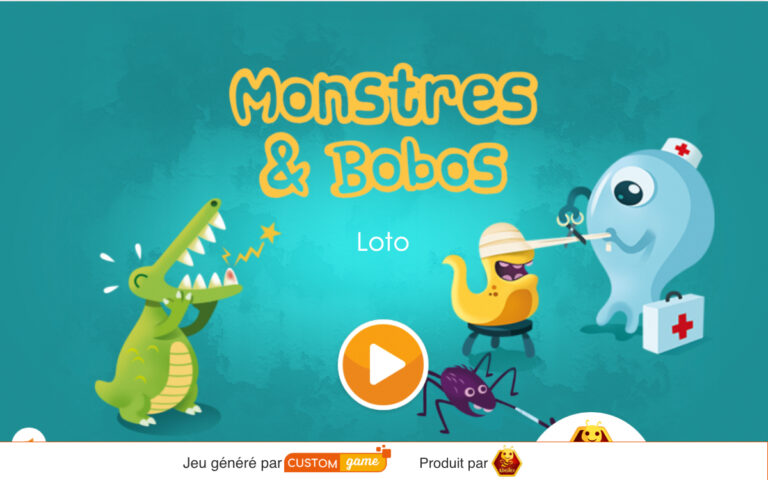 Page d'accueil du jeu "Monstres et Bobos" généré par le moteur Drop!