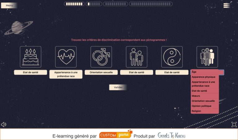 Capture d'écran du e-leaning sur la diversité et le handicap généré par Custom game.